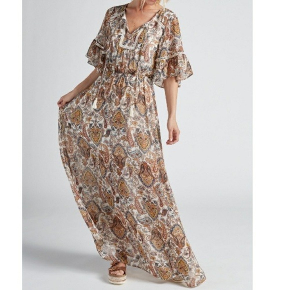 Signature Studio Paisley Boho Maxi Dress Sz Small Peasant Flutter Sleeve Brown